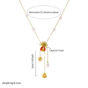 Floral ladybug pearl tassel necklace set with enamel details and size measurements