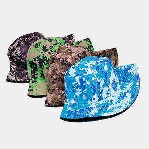 Detailed display of four digital camouflage bucket hats in diverse outdoor colors