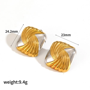 Two-tone geometric square spiral stud earrings in gold and silver stainless steel