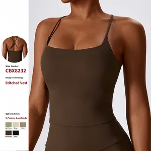 Women's Nylon Spandex Yoga Sports Bra Crisscross Open Back Spaghetti Strap Fitness Tank Top Breathable Workout Crop Top 8232