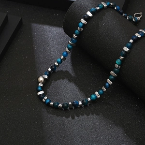Collier perles œil de tigre bleu et acier titane pour hommes et femmes style hip hop