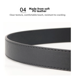 Macro shot of black PU leather belt texture with tidy stitching and fine lychee grain