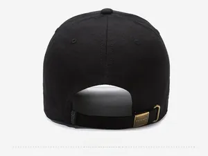 Detail of black baseball cap back view with grid texture and adjustable metal buckle