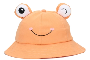 Detail of orange frog toddler sun hat with 3D eyes and cute embroidered smiley face