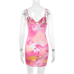 Close-up of pink abstract print back detail with adjustable spaghetti straps on mini dress
