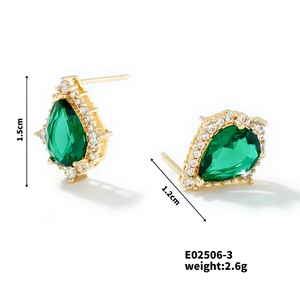 Detailed view of emerald green teardrop stud earrings with measurements 1.5cm by 1.2cm