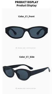 Front and side views of stylish black cat eye sunglasses with dark grey oval lenses