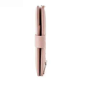 Side view showing the slim multi-layer structure and clasp of this pink leather passport wallet
