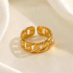 Minimalist 18K gold plated Cuban link chain ring with adjustable open band for women