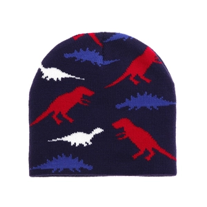 Kids dinosaur knit beanie in navy blue with colorful cartoon patterns for boys