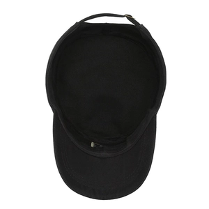 Black cotton cadet cap with adjustable metal buckle back showing interior lining details