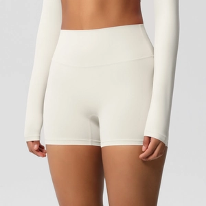 Detailed texture of high-waist yoga shorts with tummy control and elastic fitness fabric