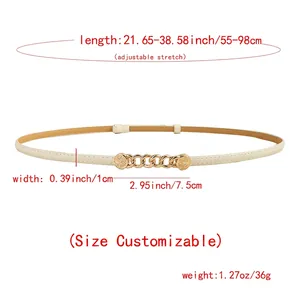Cream elastic waist belt for dresses with gold metal buckle and embossed circular design