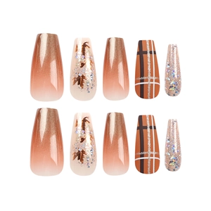 Brown maple leaf and glitter gradient press-on nails in long coffin shape design