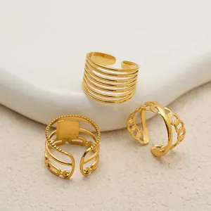 Bagues Ouvertes Ajustables Acier Inoxydable Plaqué Or 18K Géométrique Creux Multicouche Incrustation Coquille Bijoux Pour Femmes