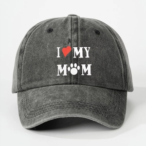 Washed black cotton baseball cap with I Love My Mom paw print design for men and women
