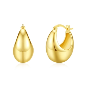 Polished gold S925 sterling silver teardrop hoop earrings showing front and side views