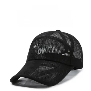Detail of breathable black mesh baseball cap with silver TRADITIONS DY lettering on front