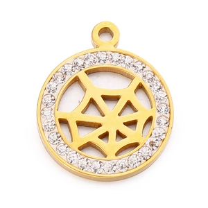 Golden spider web pendant with white zircons and hollow design in stainless steel