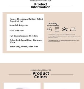 Detailed size chart and washing guide for checkerboard cuffed knitted beanie hat