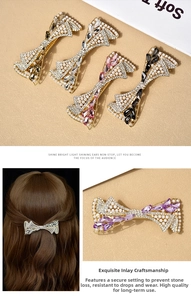 Detail of bow-shaped crystal hair clip with faux pearls and marquise rhinestones