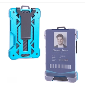 Tactical blue metal RFID wallet with carbon fiber texture and secure belt clip detail