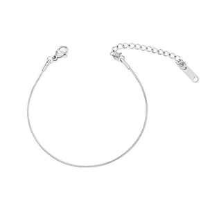 Close-up of silver stainless steel snake chain bracelet with lobster clasp and extender