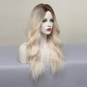 Long ombre blonde wavy wig with middle part for women, gradient dark roots to golden hair
