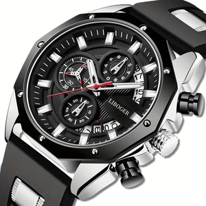 Macro side view of men's multi-function sport watch with calendar window and silicone strap