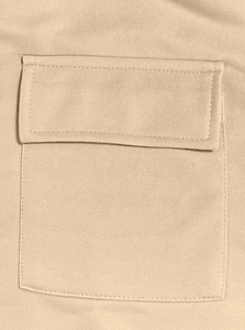 Detail of khaki fleece hoodie pocket with flap design and reinforced stitching