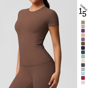 T-shirt de Yoga à Manches Courtes pour Femmes Coupe Slim Top de Sport Brossé Double Face Couleur Unie Respirant Fitness