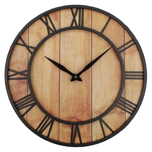 Detailed view of industrial wall clock with wood grain dial and Roman numerals