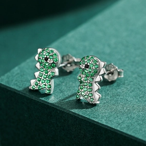 Boucles d'oreilles dinosaure en argent 925 avec cristaux verts scintillants