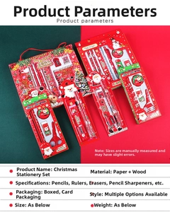 Close-up of Christmas stationery set including pencils, ruler and sharpener in gift box