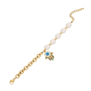 Gold Hamsa Hand pearl bracelet with evil eye pendant and colorful zircons for women