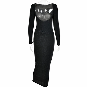 Detail view of backless black sparkly dress featuring slim fit and long sleeves design