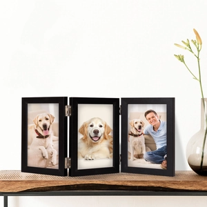 Modern black triple folding wooden picture frame set for table display and home decor