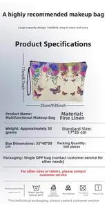 Vue détaillée de la trousse de maquillage en lin avec papillons et dimensions 17x25 cm