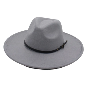 Light gray wool fedora hat with a black leather belt buckle band for men and women