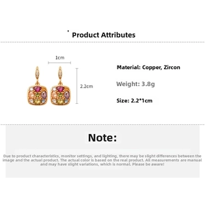 Detailed view of gold plated earrings featuring multi-color zircons with size 2.2x1.0cm