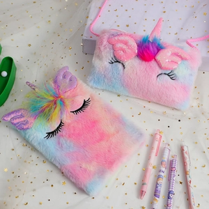 Plush unicorn notebook and crossbody bag set in rainbow gradient with sequin wings