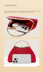 Red pleated clutch bag showing interior capacity for phone and cosmetics with jewel clasp