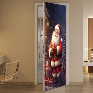 Self-adhesive Christmas Santa Claus door sticker with gifts in a snowy night scene