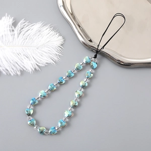 Lanière de téléphone tendance avec perles coeur bleues et perles transparentes