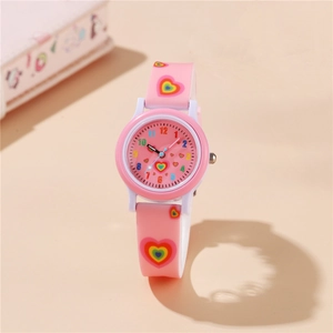 Pink cartoon kids quartz watch with rainbow heart pattern and soft silicone strap