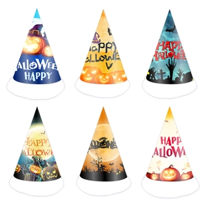 Set of six Halloween party cone hats featuring pumpkin prints and festive patterns