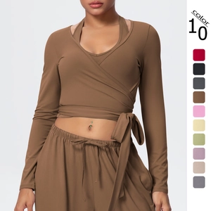 Women Brushed Quick Dry Tight Criss Cross Tie V Neck Long Sleeve Yoga Top And Bottom Solid Color Sporty Fitness Gym Athletic Wear