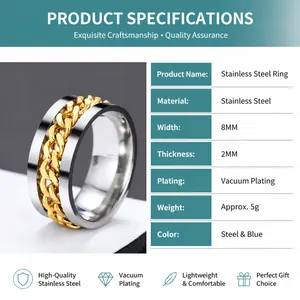Detailed specs of 8mm stainless steel spinner ring with gold chain inlay and vacuum plating
