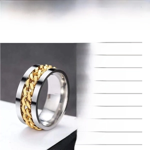 Detailed specs of 8mm stainless steel spinner ring with gold chain inlay and vacuum plating