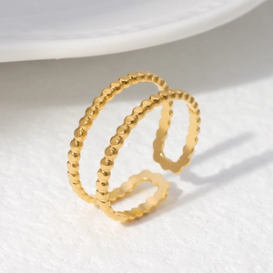 Minimalist double layer gold beaded open ring with adjustable stainless steel design